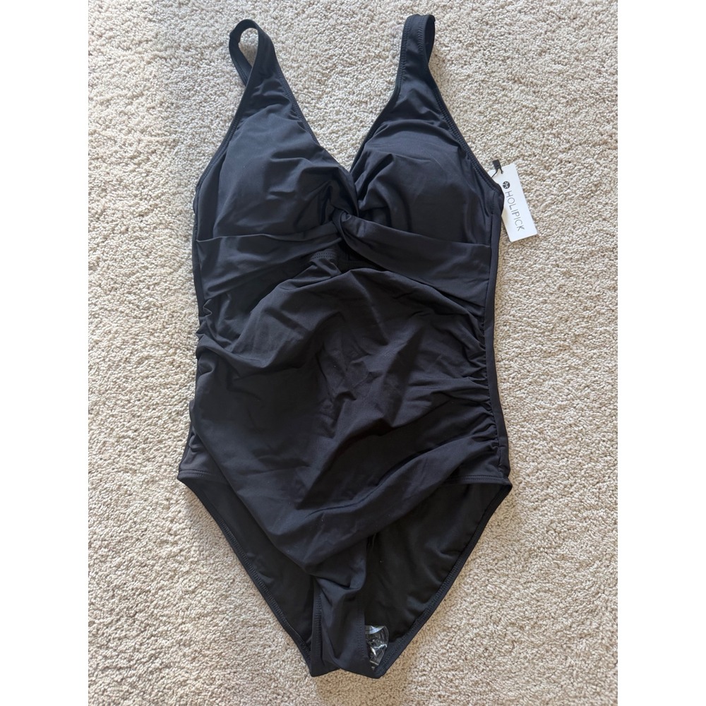 Holipick NWT Womens One Piece Swimsuit Black Ruched Twist Front V-Neck Size L